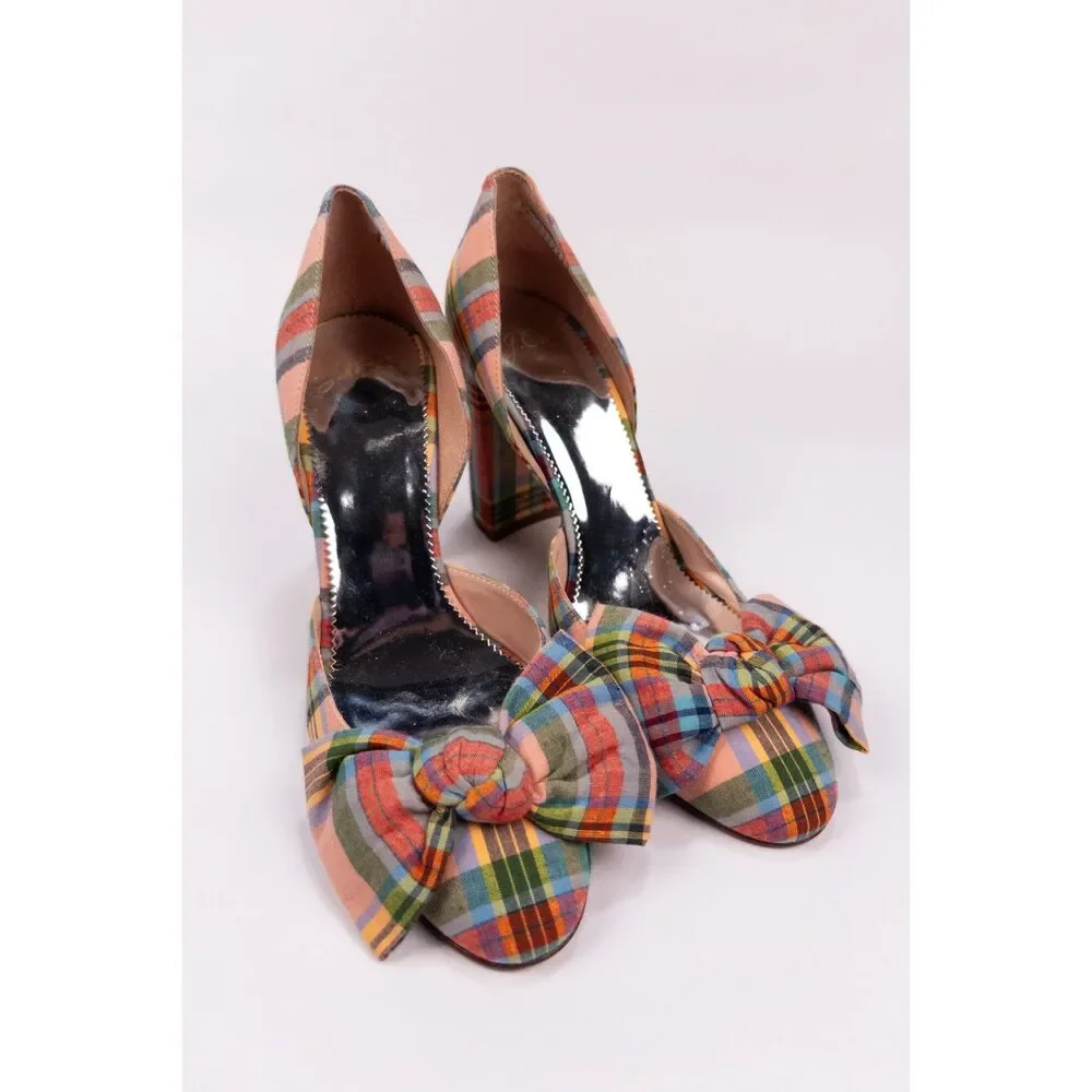 J.Crew Bell d'Orsay Pumps Plaid Bow Block Heel Size 8 Made in Italy